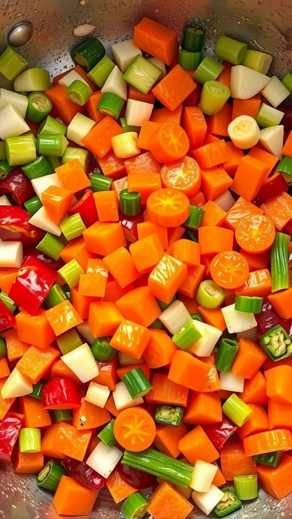 Colorful diced vegetables prepared for a stir-fry