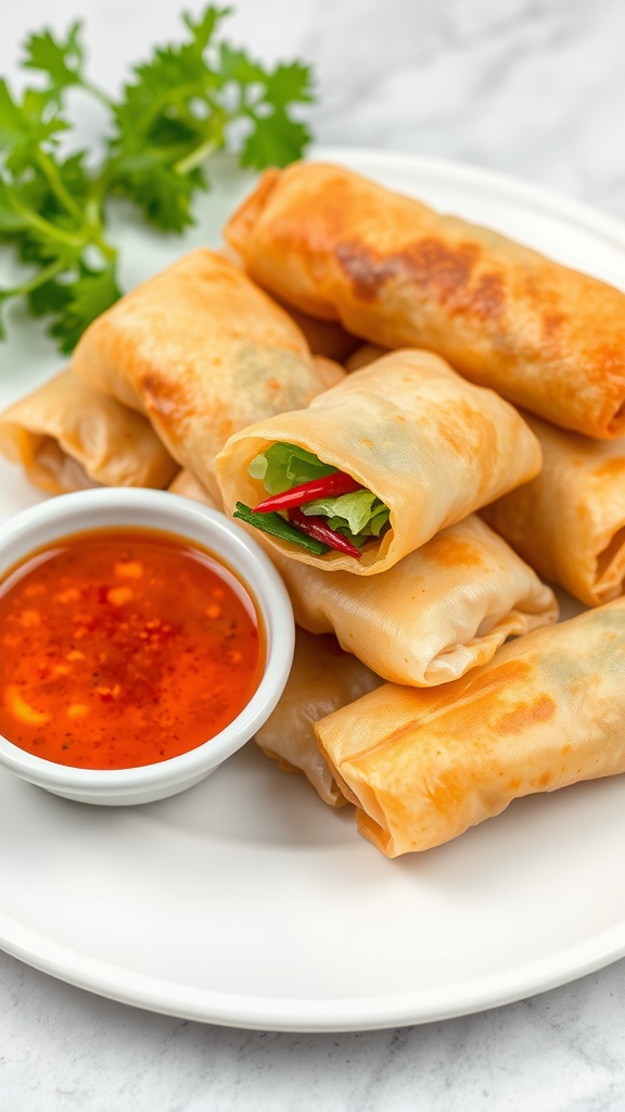 A plate of golden vegetable spring rolls served with dipping sauce.