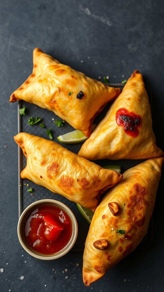 Vegetarian samosas served with dipping sauce