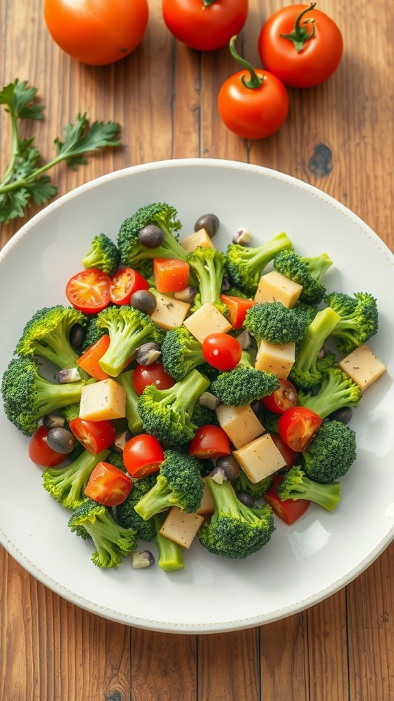 A vibrant broccoli salad with cherry tomatoes, bell peppers, olives, and cheese.