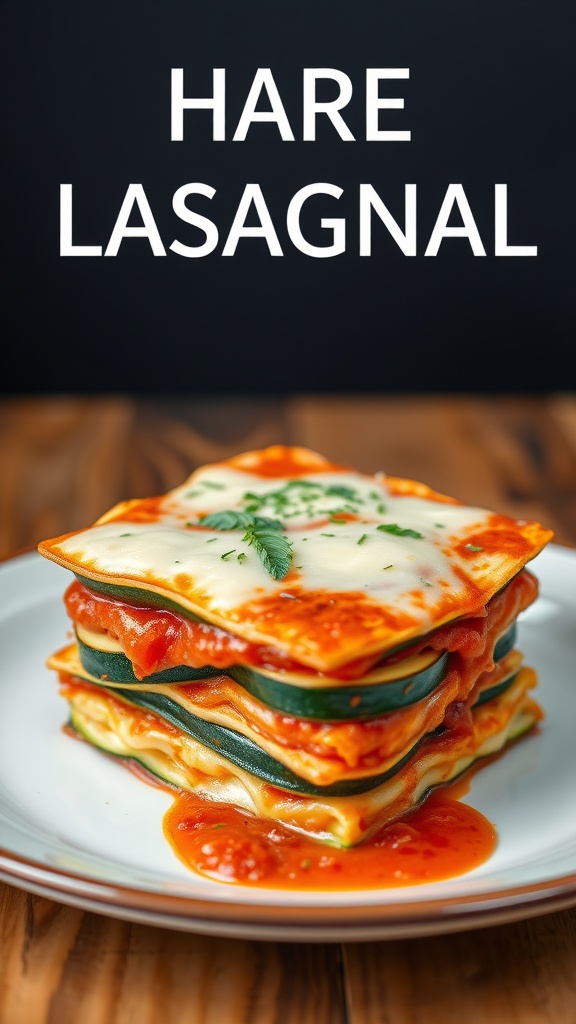 A plate of vegetarian zucchini lasagna with layers of cheese and marinara sauce.