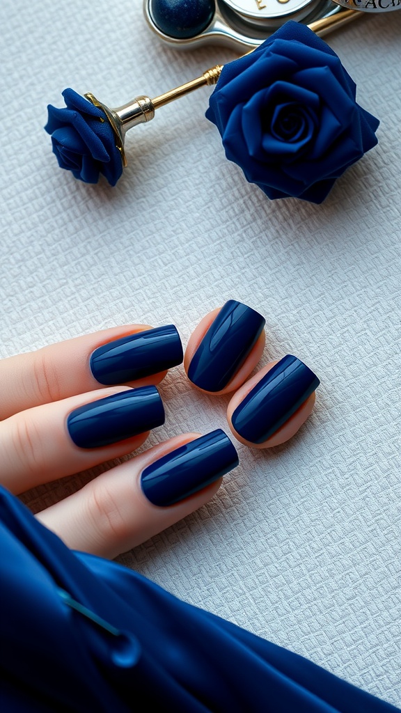 Close-up of dark blue velvet finish nails with decorative blue roses.