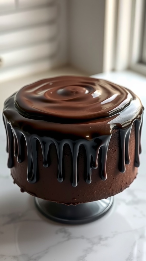 A beautifully topped chocolate cake with a glossy ganache drizzling down the sides.