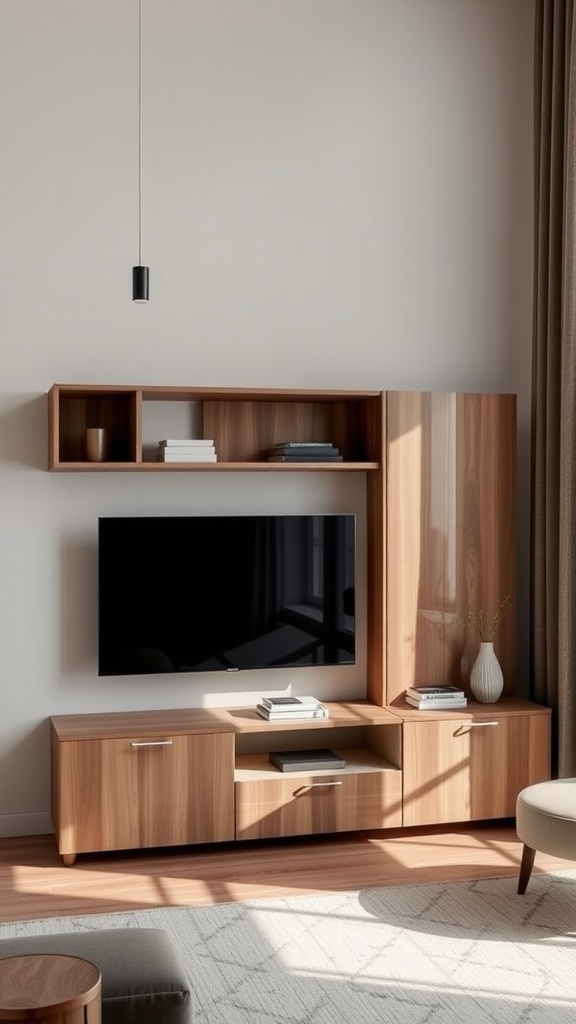A sleek modern TV unit with modular components and wooden finish