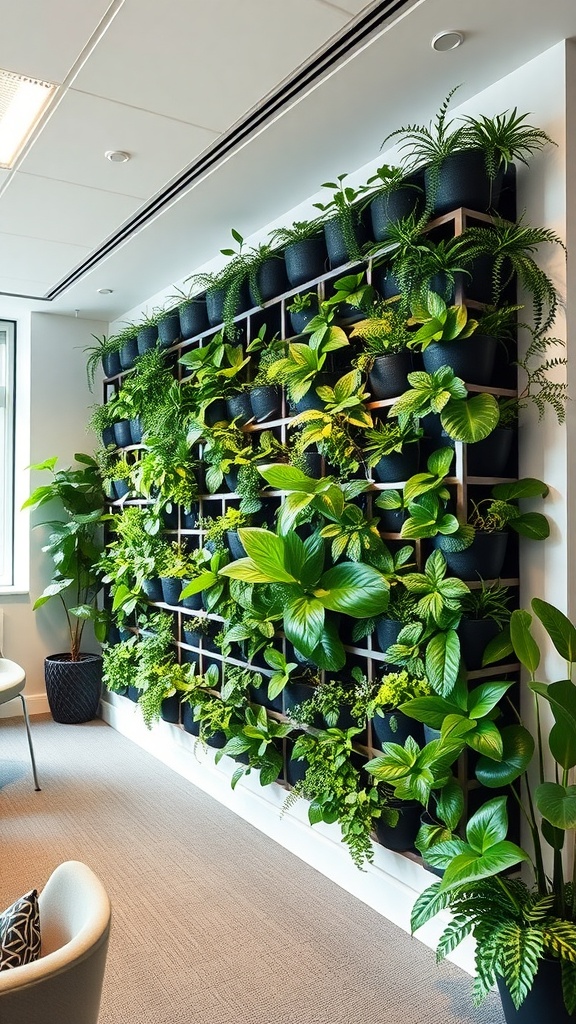 A vertical garden filled with various lush green plants in an office setting.