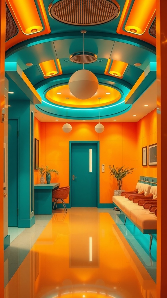 A brightly colored retro futurism interior showcasing vibrant oranges and blues.