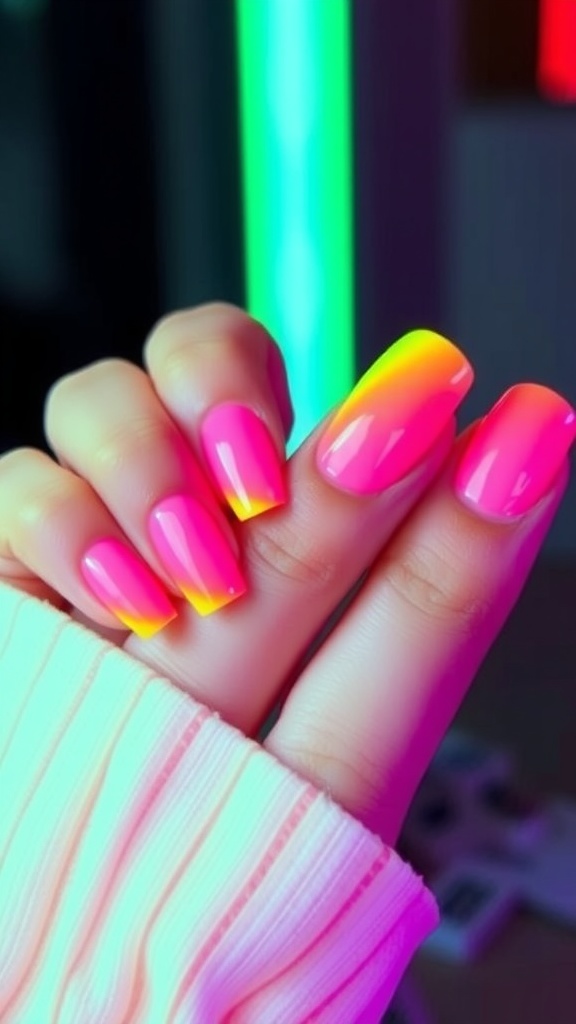 A close-up of vibrant neon ombre nails featuring pink and yellow gradient.