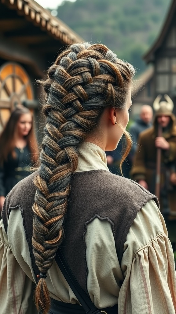 A woman with a thick Viking braid hairstyle, showcasing intricate weaving and a historical costume.