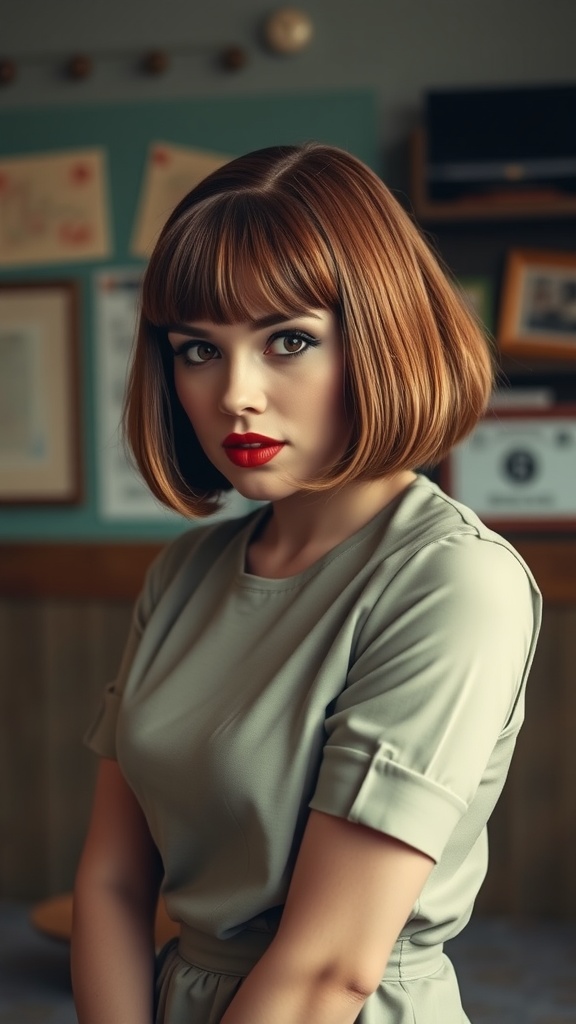A woman with a vintage bob hairstyle and pin-up bangs, showcasing a retro look.