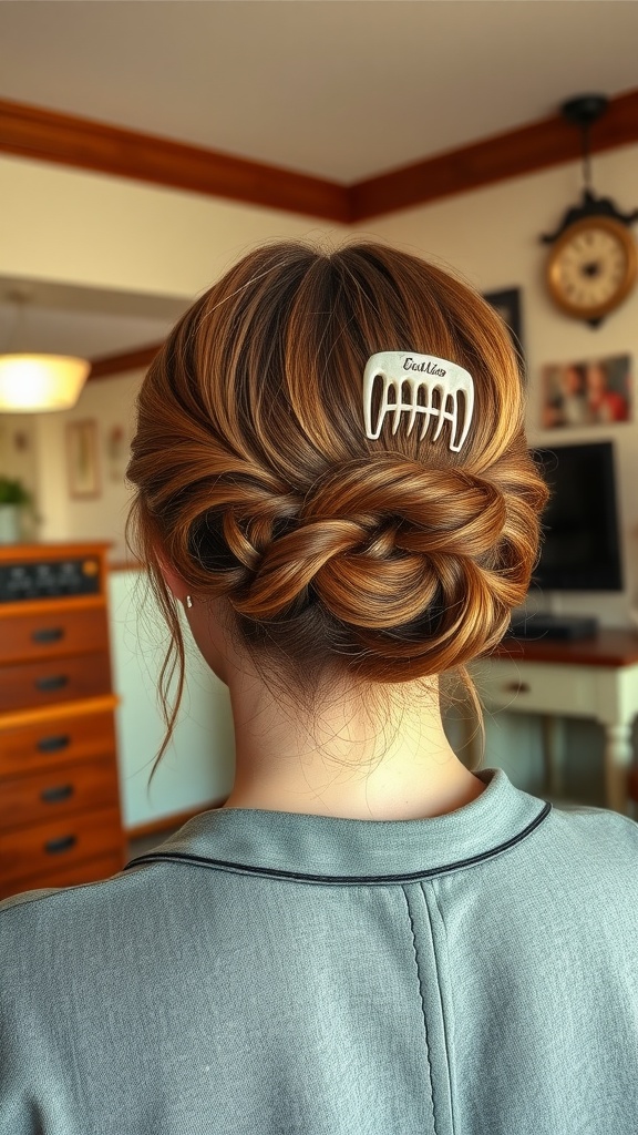 A vintage-inspired hairstyle featuring a claw clip holding a braided updo.