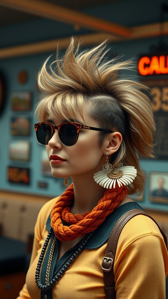 A woman sporting a vintage-inspired mullet hairstyle with sunglasses and bold accessories.