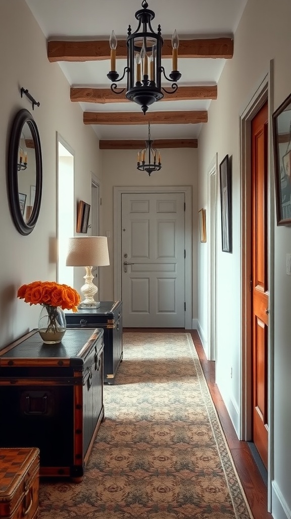 A hallway featuring vintage trunks, wooden beams, and stylish lighting.