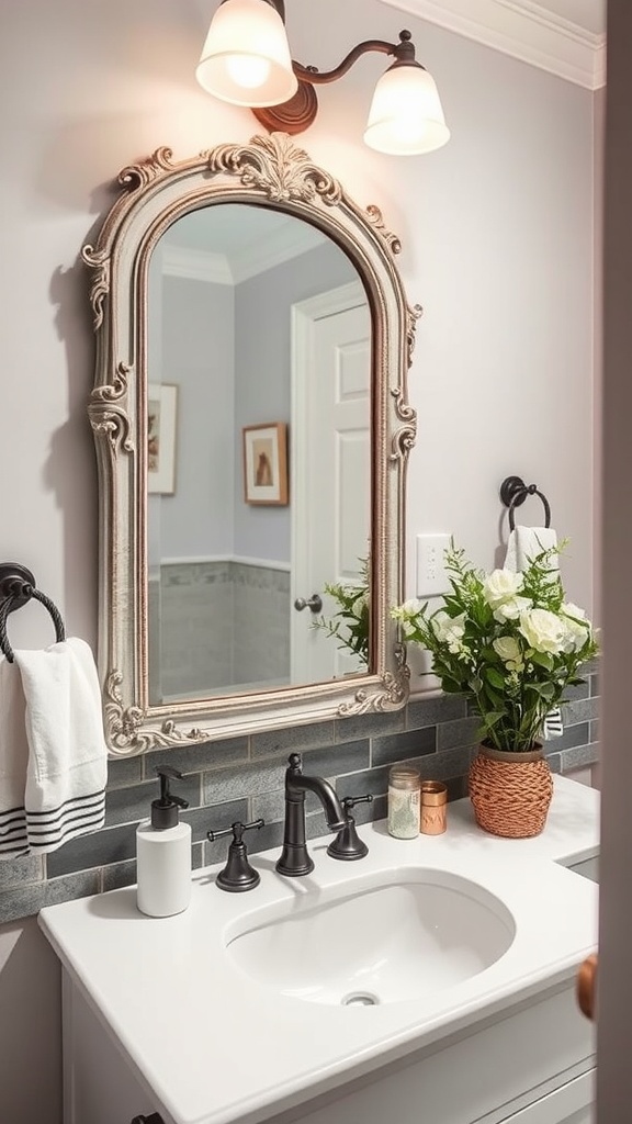 A modern bathroom featuring vintage accents like an ornate mirror and stylish light fixtures.