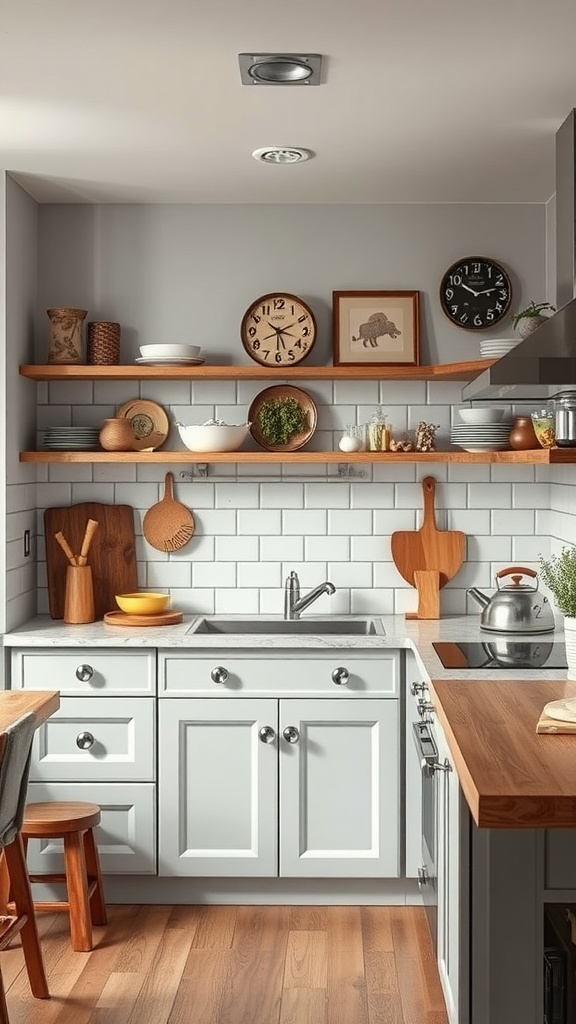 A modern kitchen featuring vintage wooden accents and retro decor.