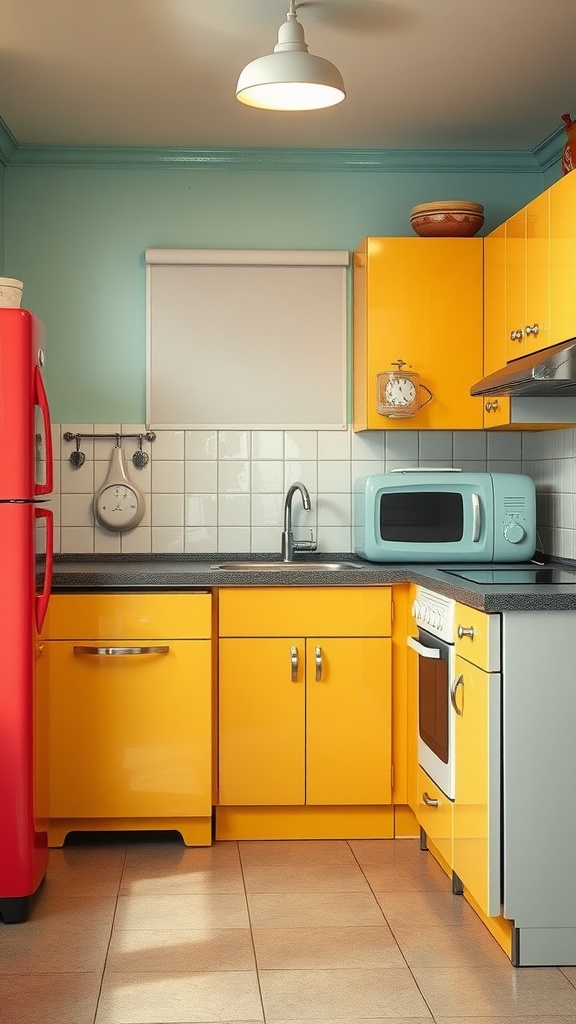 A vibrant kitchen featuring vintage-style appliances in retro colors.