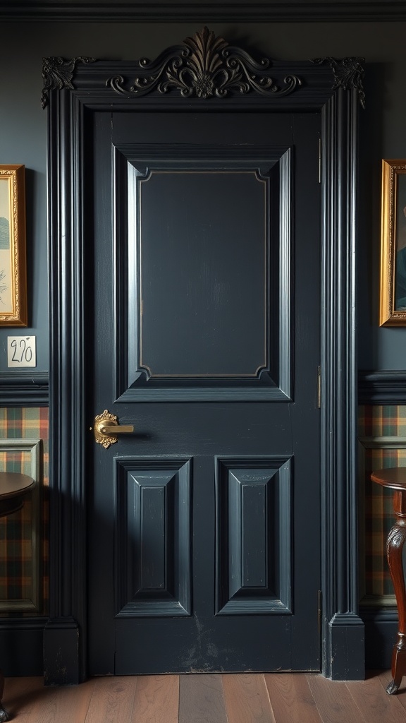 A vintage black door with ornate detailing, showcasing charm and elegance in an interior setting.