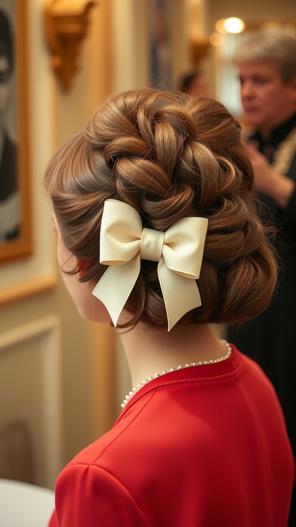 A vintage hairstyle featuring a large, cream-colored bow fascinator with intricate braids.