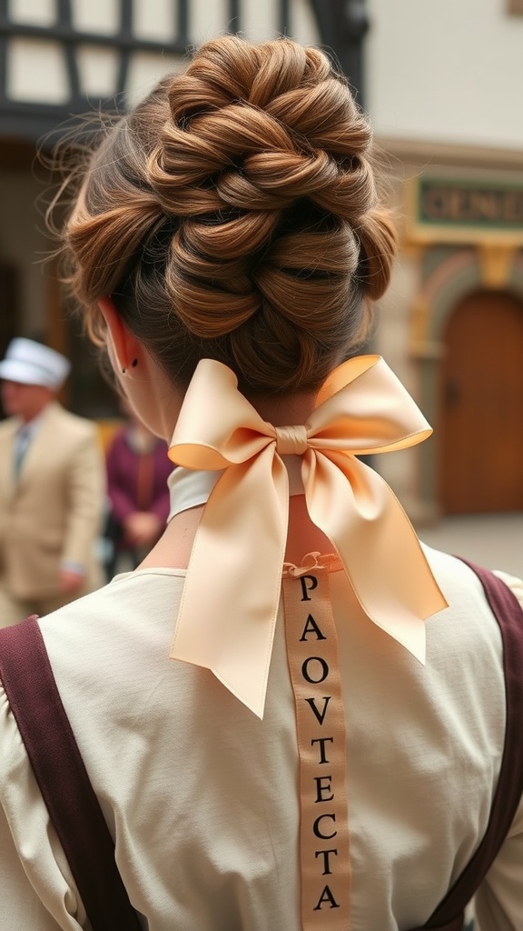 A vintage bun hairstyle adorned with a soft ribbon at the back.