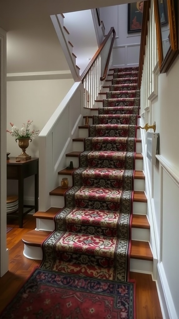 A vintage carpeted staircase with rich patterns and warm colors.