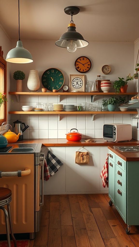 Cozy vintage kitchen with colorful accents and retro appliances.