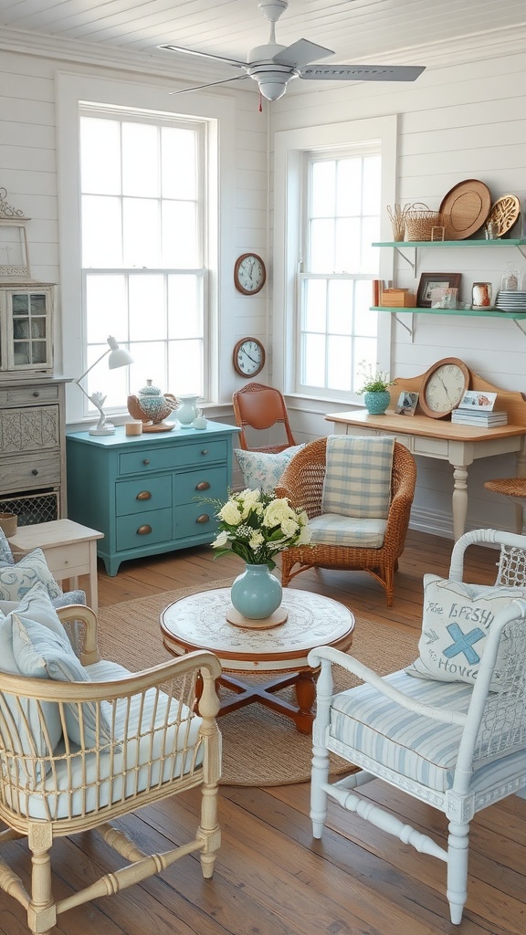 A cozy beach house interior featuring vintage furniture and decor.