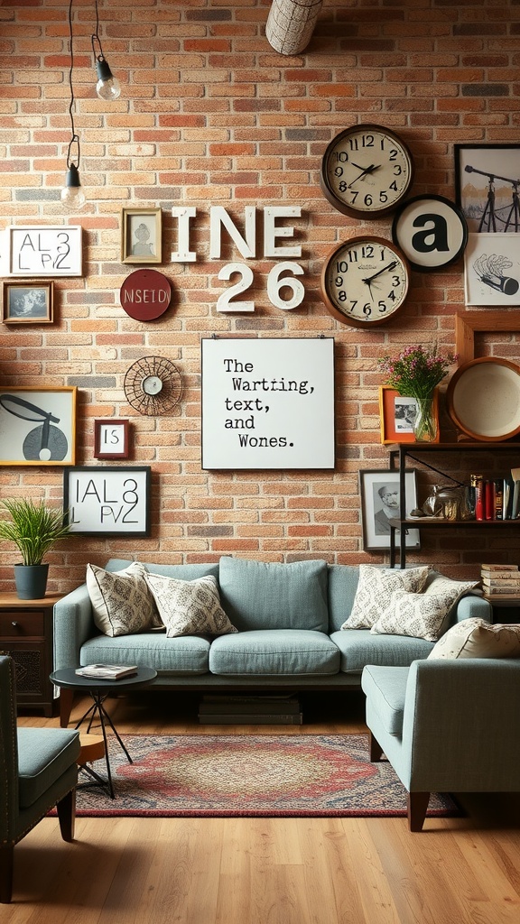 A cozy living room featuring a brick wall and vintage decor items.