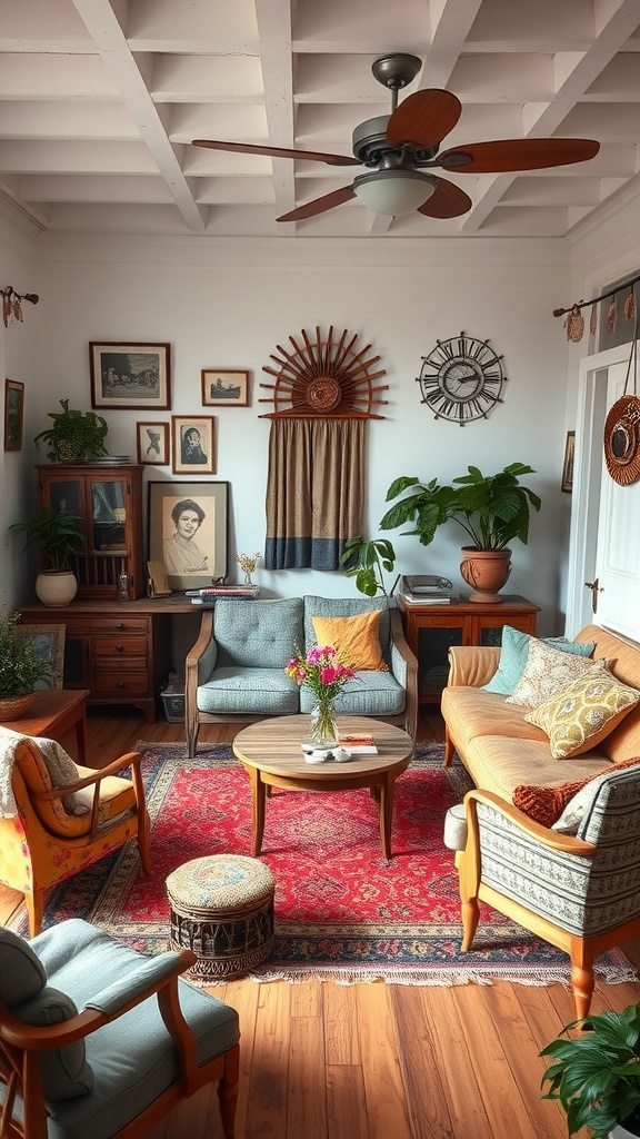 A cozy bohemian living room with vintage furniture, colorful textiles, and plants.