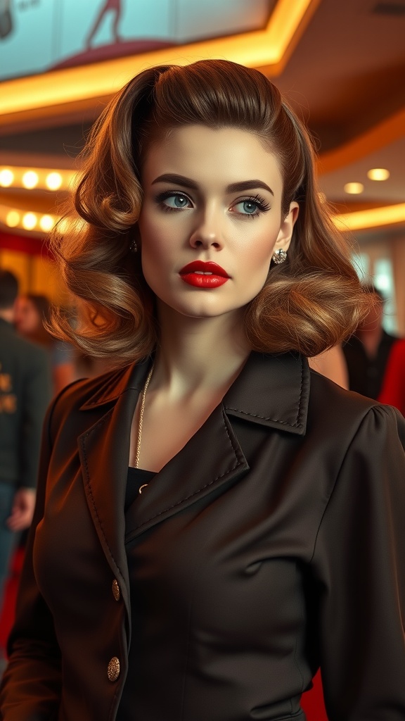 A stylish woman with vintage Hollywood waves hairstyle, wearing a black outfit, looking poised and glamorous.