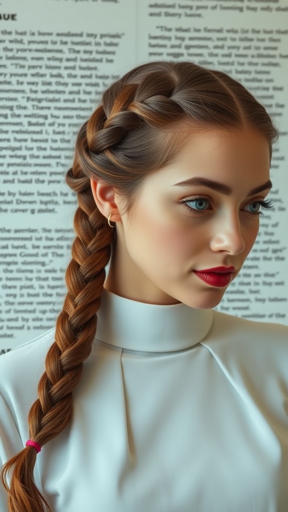 A woman with vintage inspired box braids, featuring a long braided hairstyle.