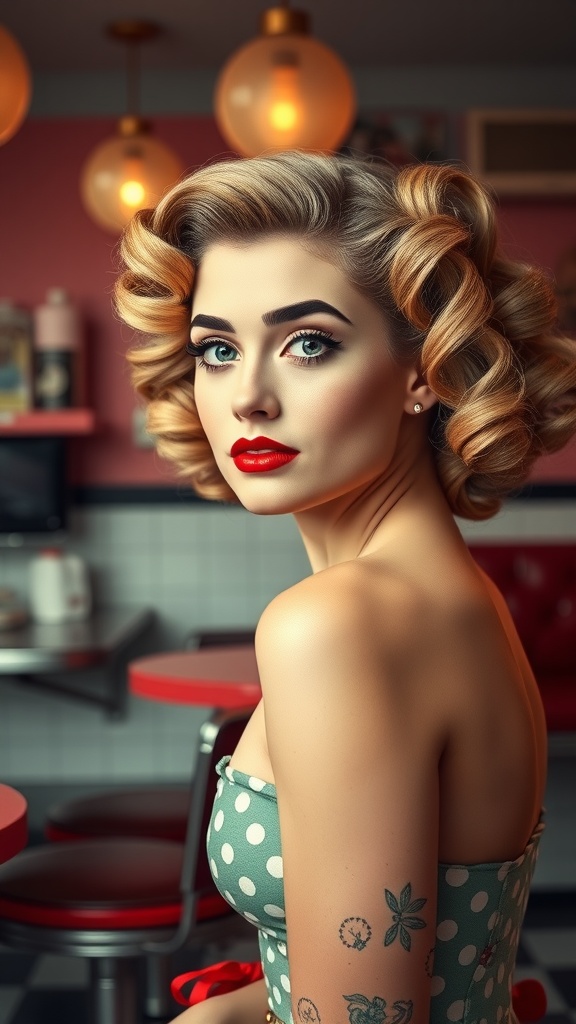 A woman with vintage pin-up curls and red lipstick, wearing a polka dot dress.