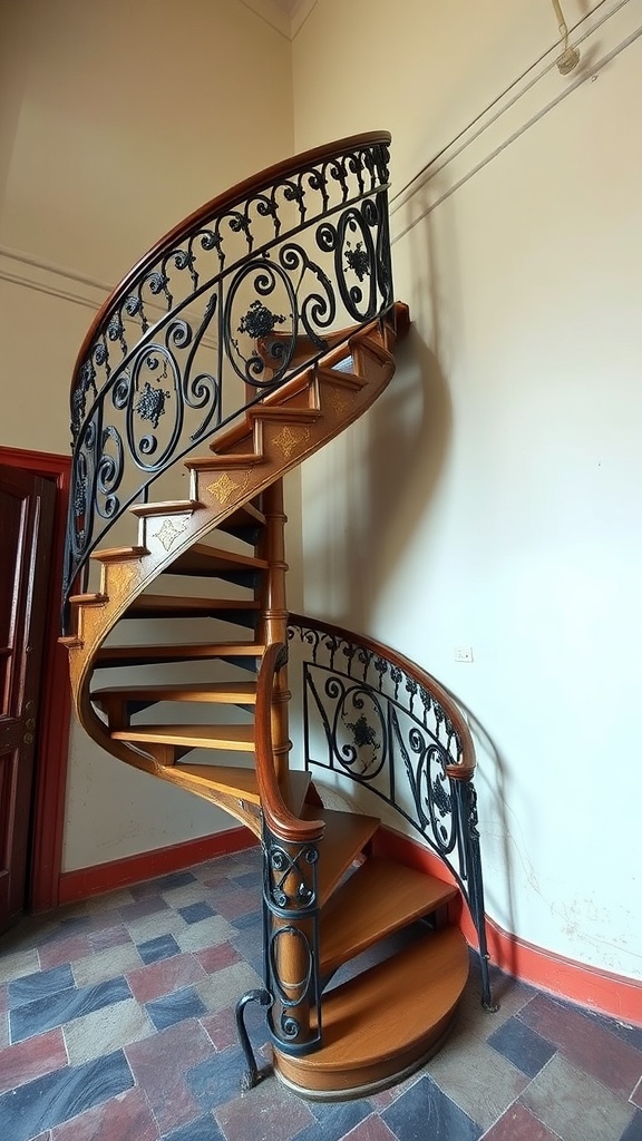 Vintage spiral staircase with wooden steps and ornate metal railing.
