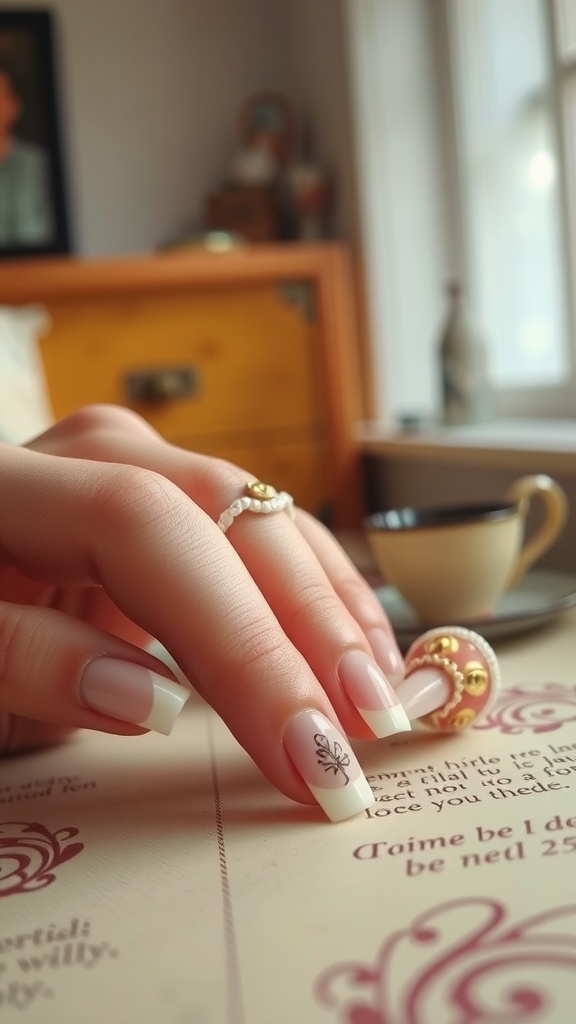 A close-up of elegant white French tip nails with a delicate design, placed on a decorative surface.
