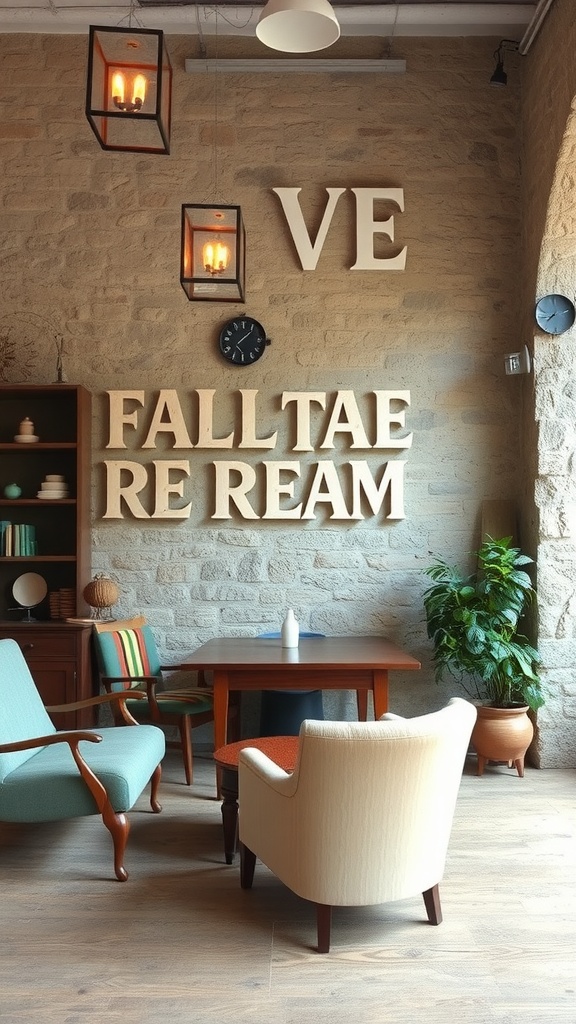 A cozy interior featuring a weathered stone wall with vintage furniture and decor.