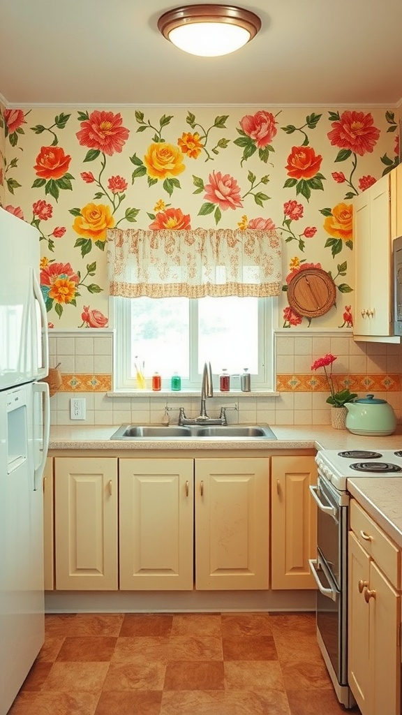 A kitchen featuring floral vintage wallpaper with bright colors.