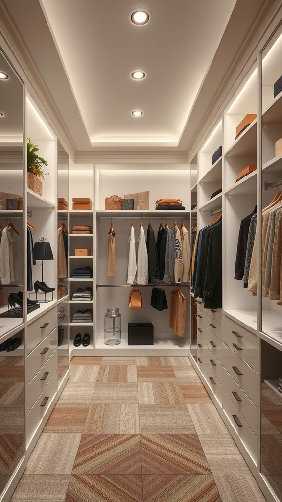 Elegant walk-in closet with organized shelves and lighting