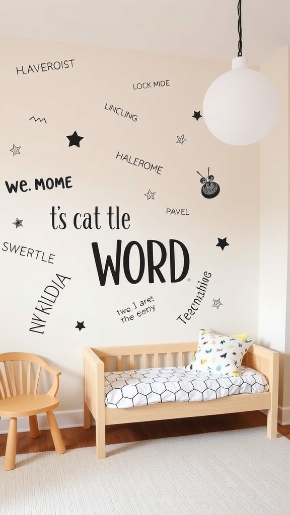 A playful wall with various black decals and a cozy seating area.