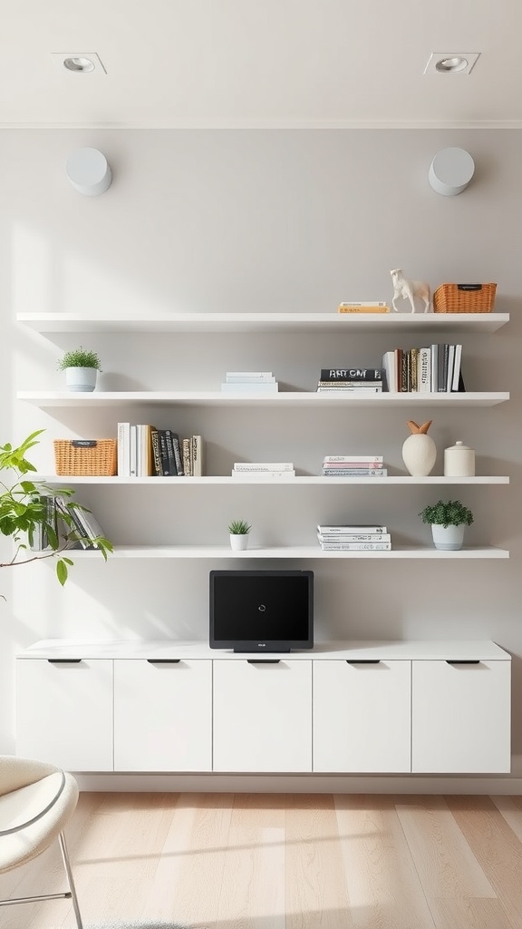 A modern wall-mounted shelving unit showcasing books and plants in a bright room.