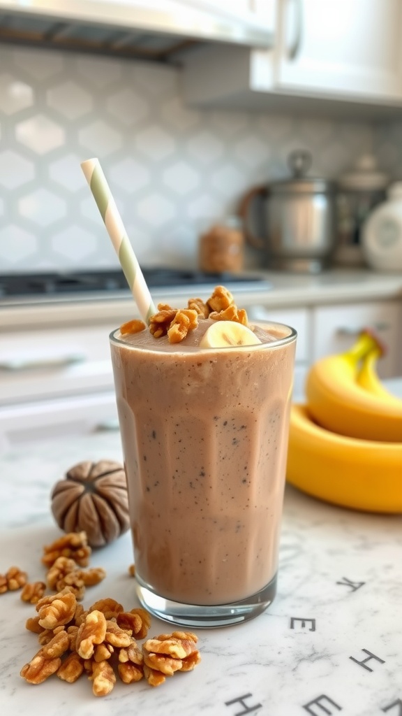 A glass of walnut and banana smoothie with walnuts and bananas beside it