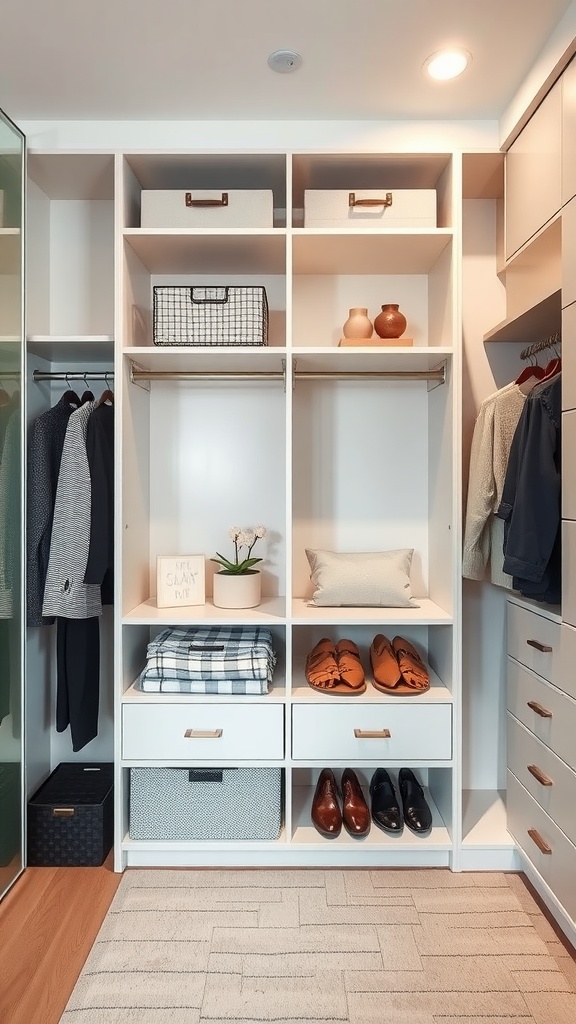 A well-organized wardrobe interior featuring shelves, drawers, and clothing storage.