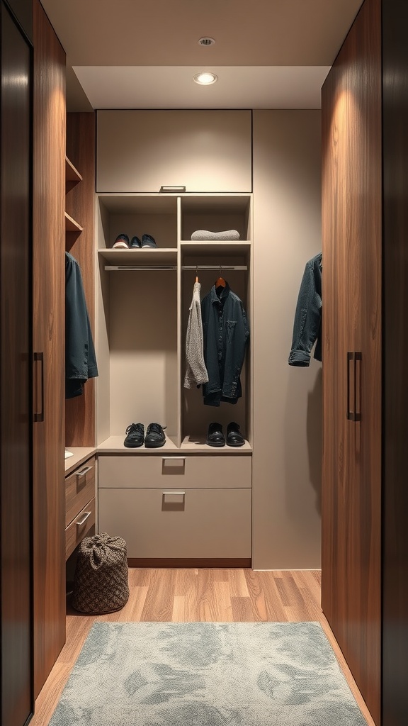 Interior view of a small wardrobe with organized shelves and hanging space.