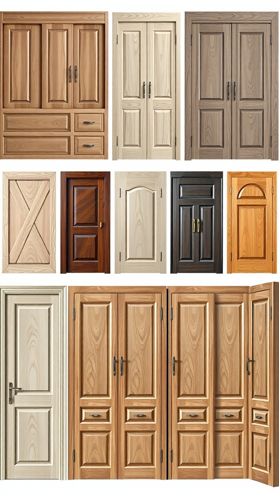 Various styles of wardrobe doors in wood and colors