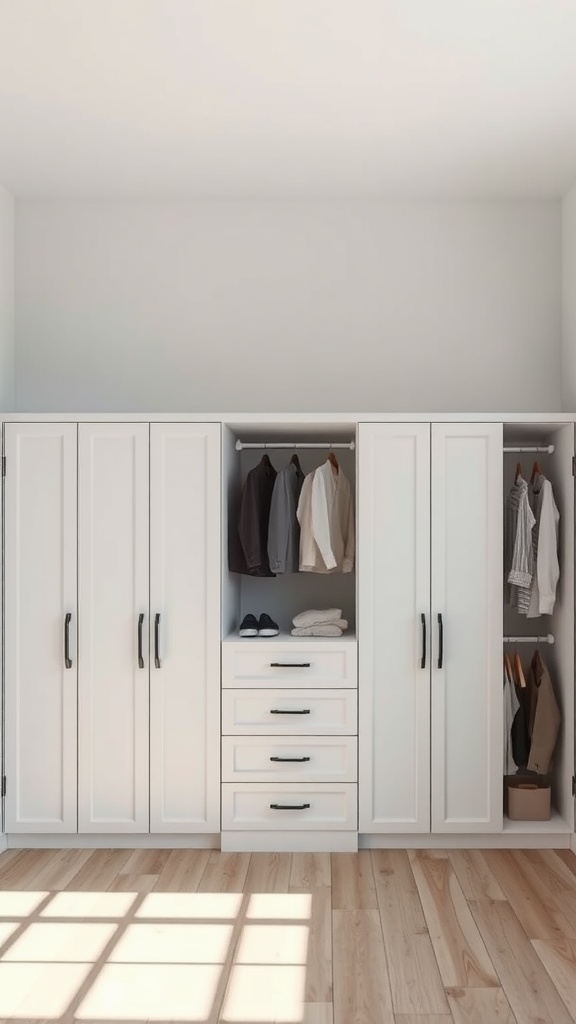 A modern wardrobe with white doors, hanging clothes, and drawers, set in a bright room.