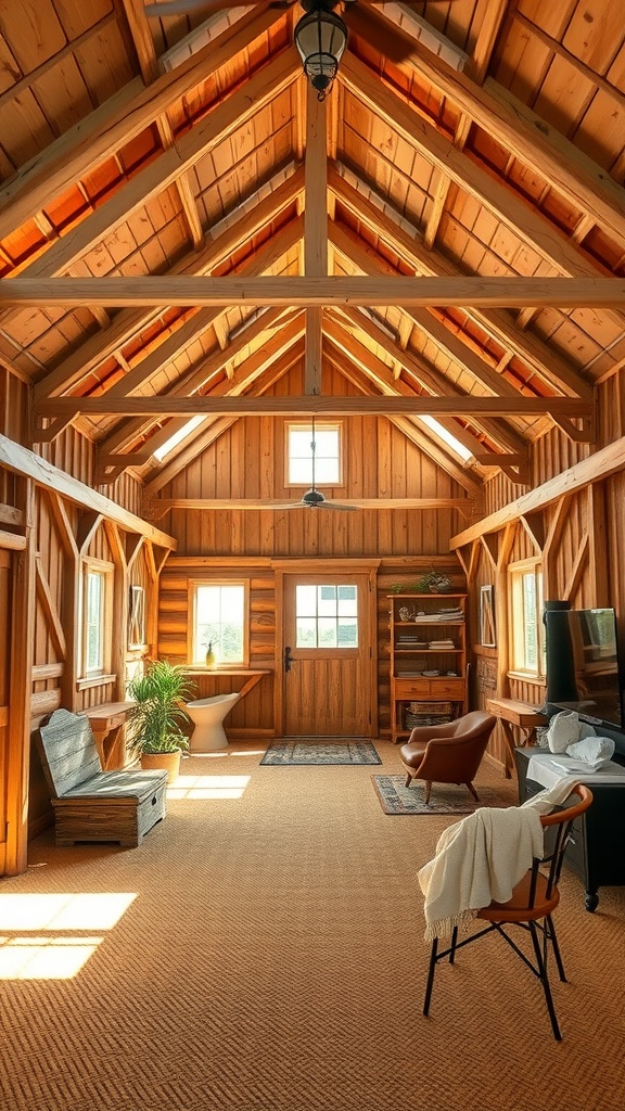 Interior of a barndominium showcasing warm wooden tones and cozy furniture.