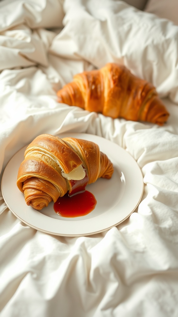 Warm croissants with butter and jam on a plate, ideal for breakfast in bed.
