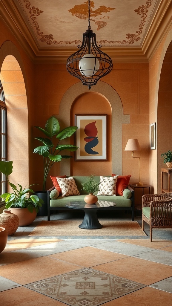 A Mediterranean interior featuring warm earthy tones with plants and comfortable seating.