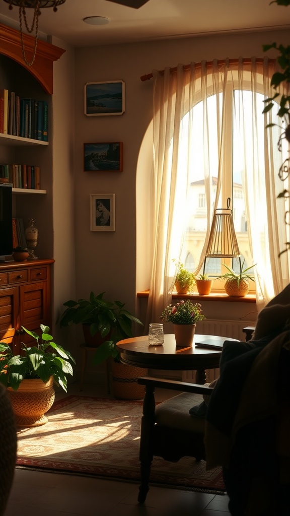 A cozy room with warm lighting, featuring plants, a wooden table, and soft curtains.