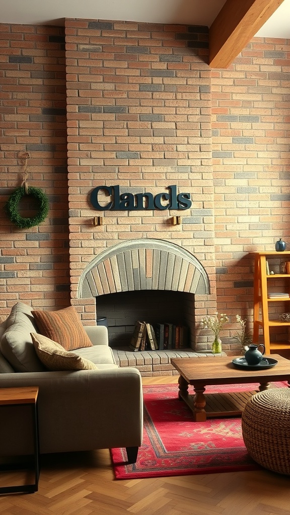 Living room with a brick wall, cozy furniture, and earthy tones.