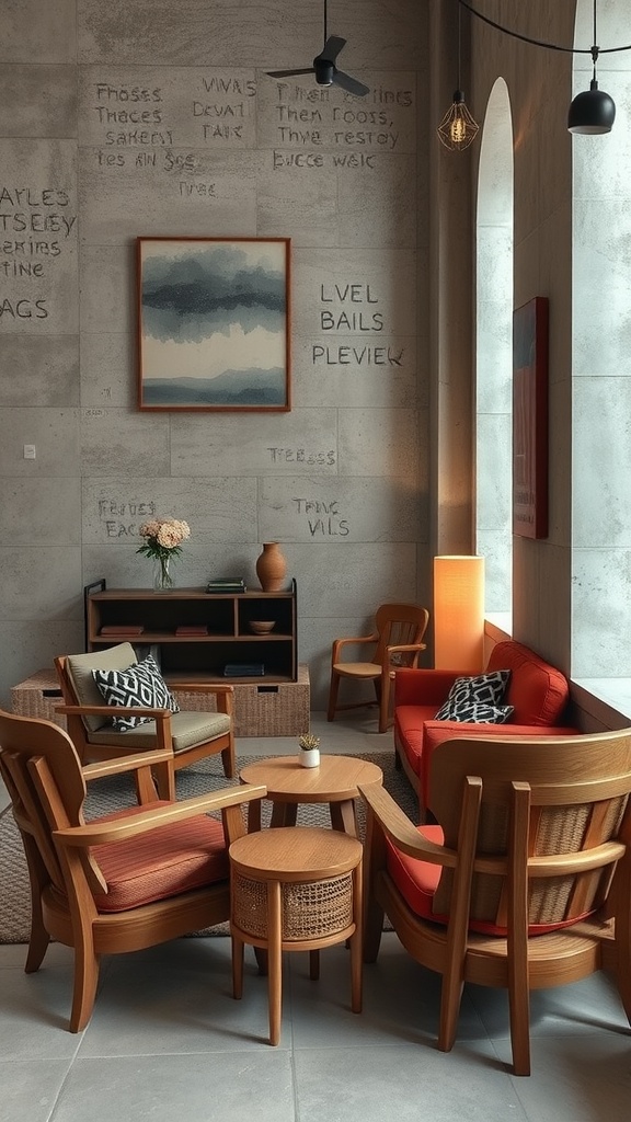Living room with concrete walls and wooden furniture