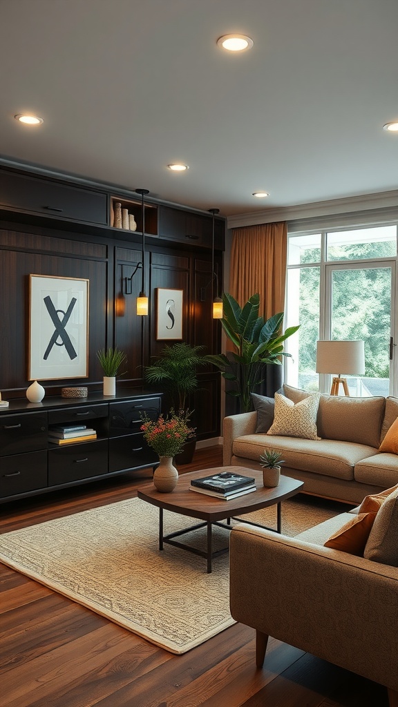 Cozy living room with dark wood finishes and warm lighting