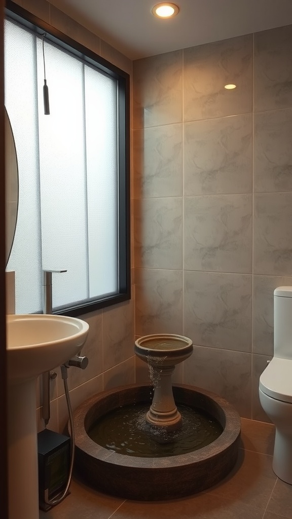 A modern bathroom featuring a small fountain, enhancing tranquility.